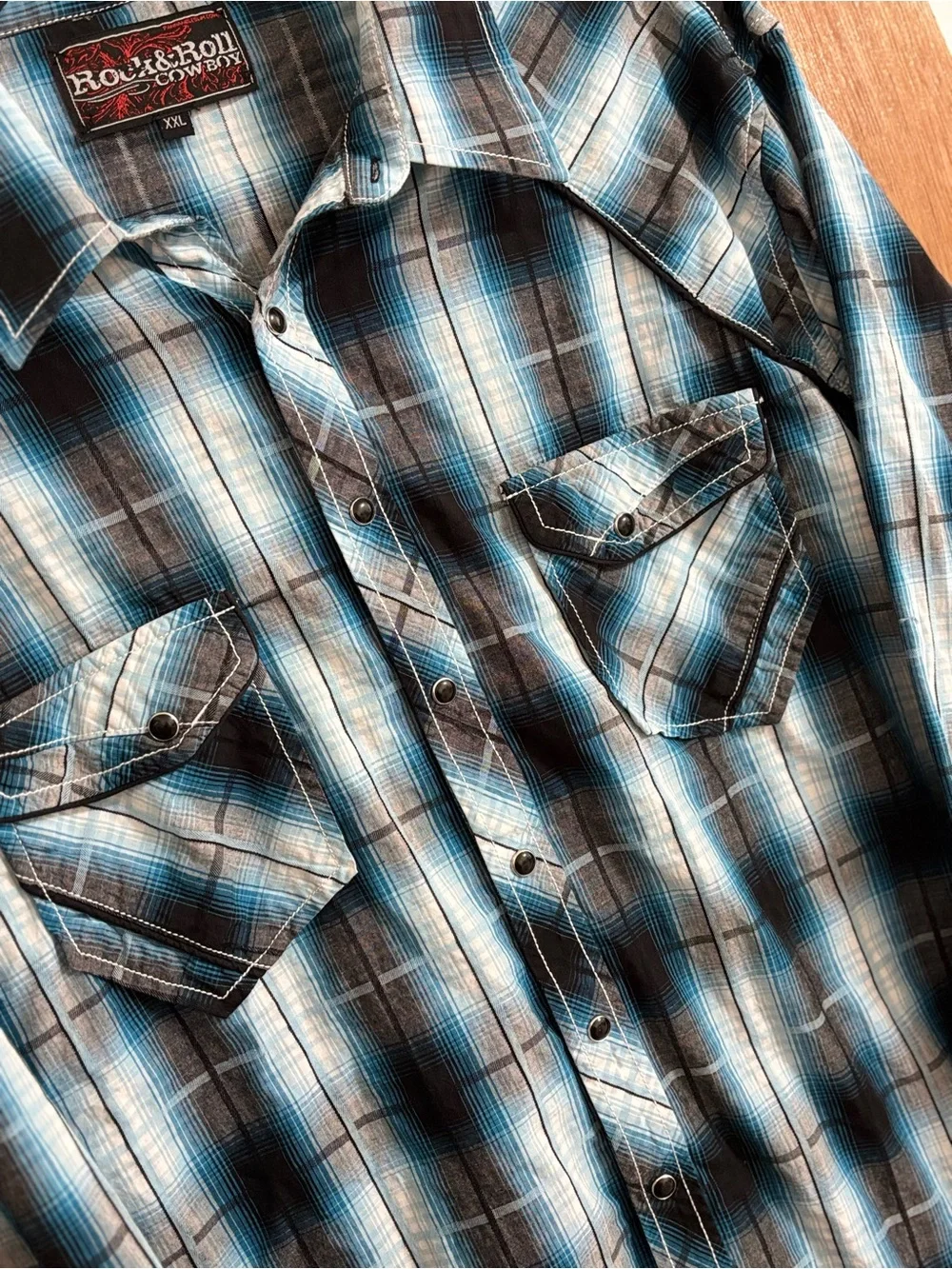 Rock & Roll Cowboy Long Sleeve Western Pearl Snap Blue Black Plaid Shirt 2XL